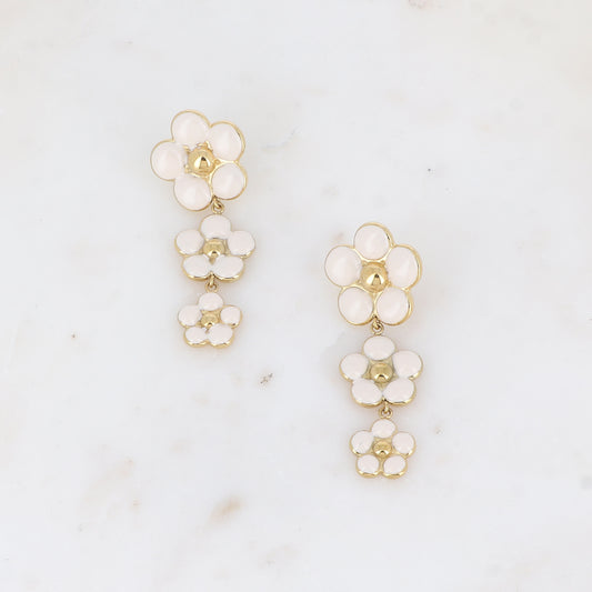 Boucles d'oreilles Fleurs Email Doré Blanc