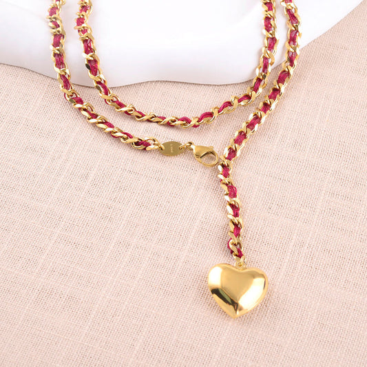 Chaîne de Ventre Maille Tressée Cœur Rouge Doré
